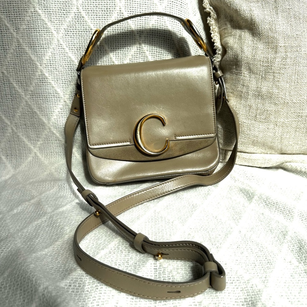 Chic Taupe Handbag with Gold Accents
